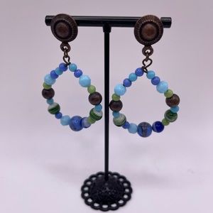 Boho Bronze-Tone Glass Art Beaded Hoop Round Post Earrings